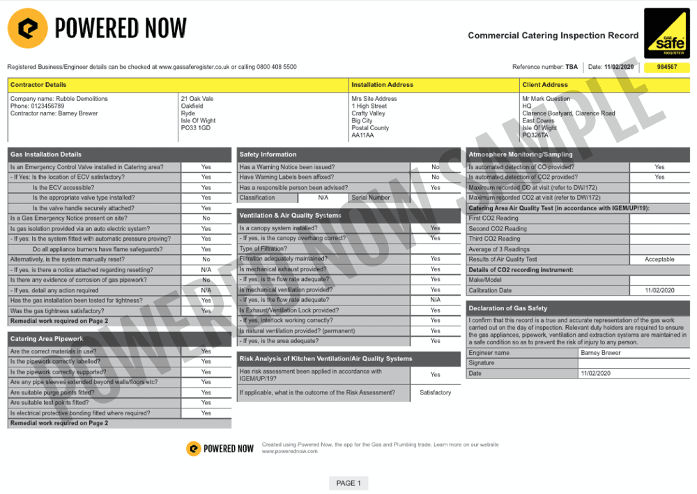 Commercial Catering Inspection Record