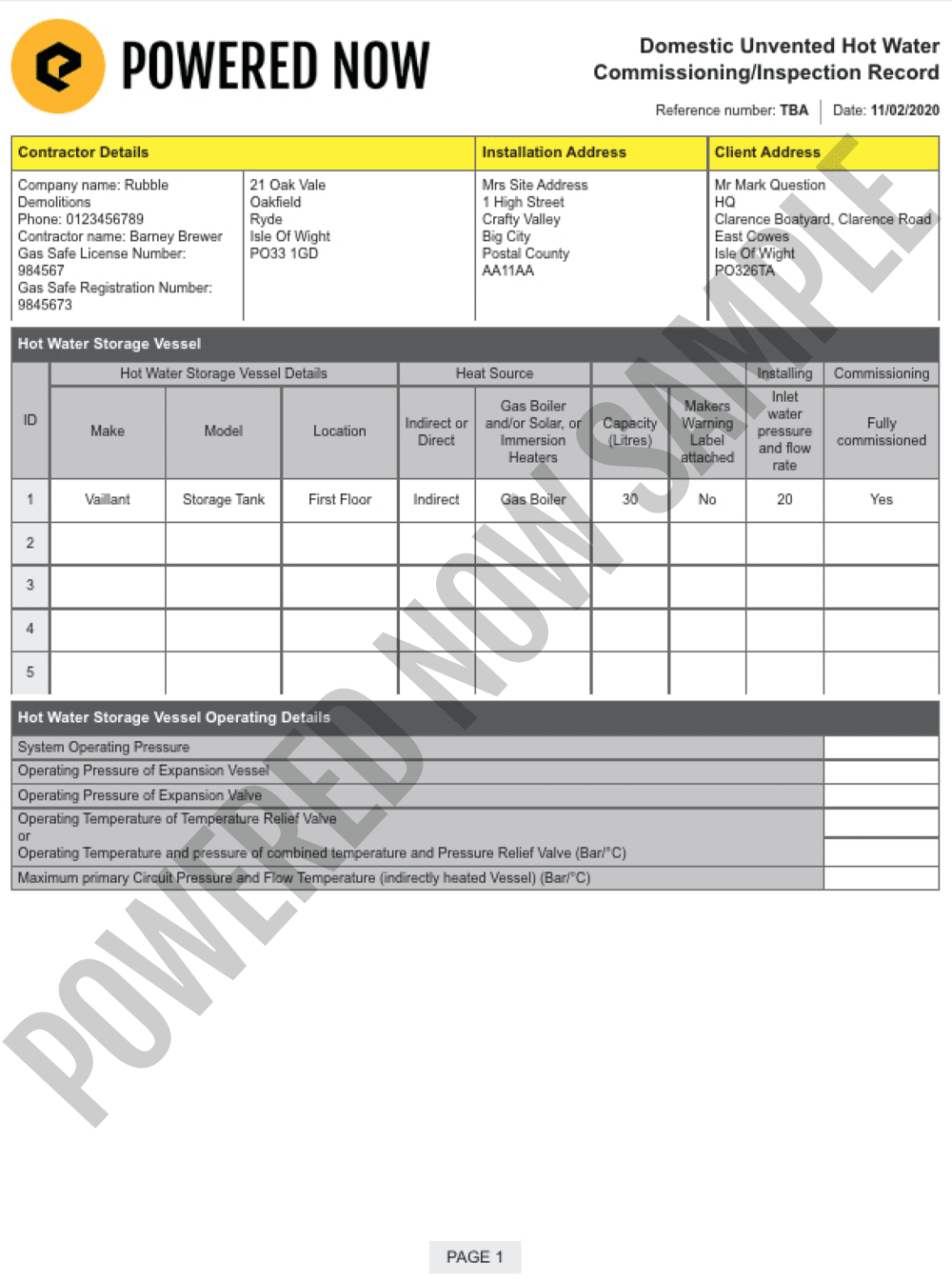 Domestic Unvented Hot Water Commissioning Report (CP8)