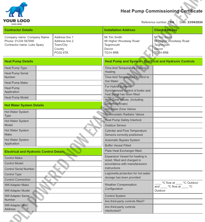 heat pump commissioning certificate