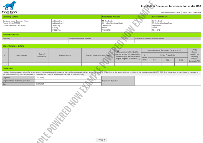 installation document for connection under g98 digitally using powered now