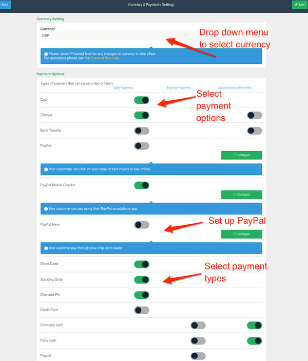 Powered Now, setting your currency and payments 