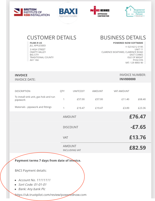 Powered Now, adding bank details to invoice or quote
