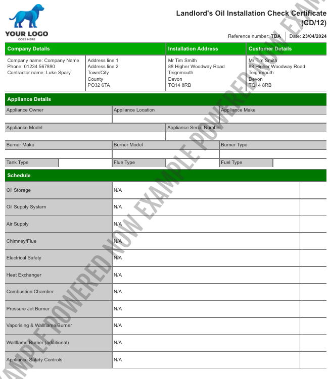 landlords oil installation check certificate cd/12 digitally using 