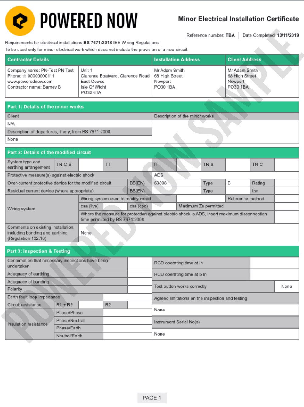 Minor Electrical Installation Certificate