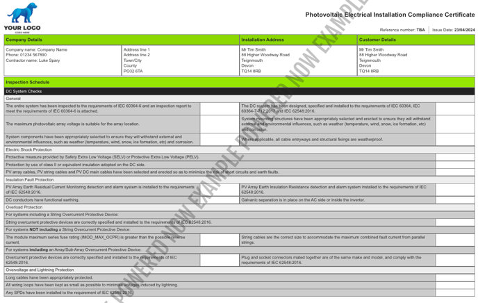 digital certificate for photovoltaic electrical installation compliance certificate