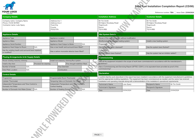 solid fuel installation completion report