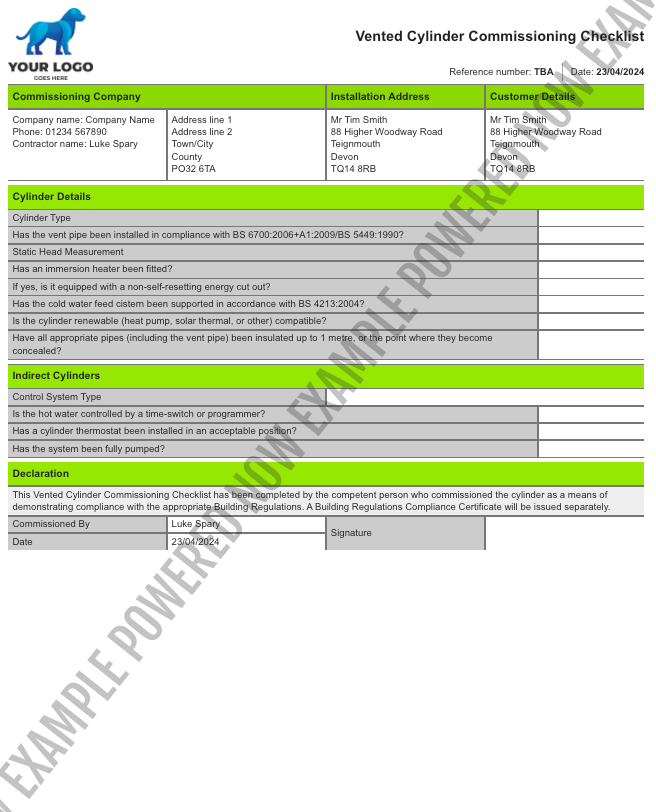 vented cylinder commissioning checklist