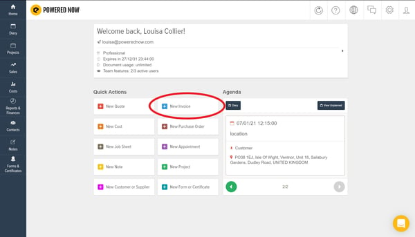 Powered Now, creating an invoice from a quote