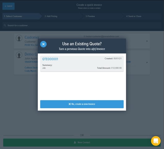 Powered Now, creating an invoice from a quote
