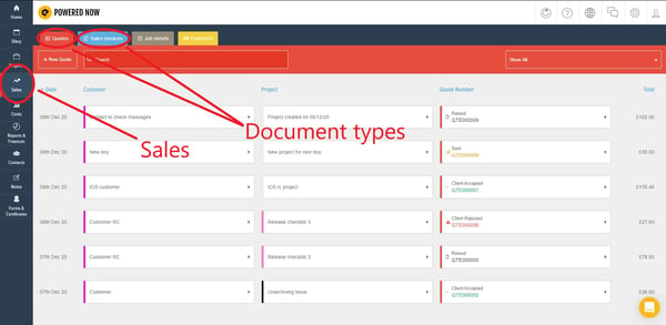 Powered Now, old invoices and quotes