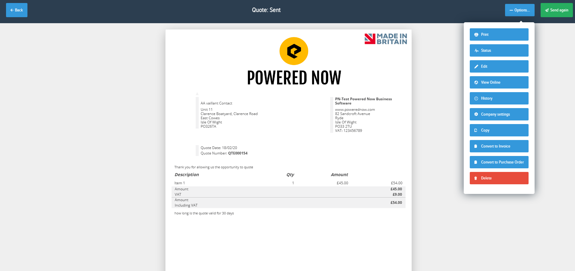 Powered Now, Creating a Purchase Order From a Quote