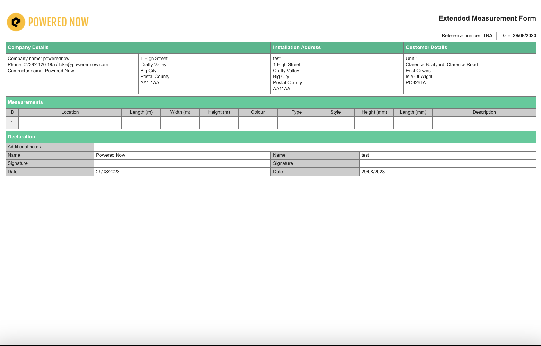 Measurement form landscape display